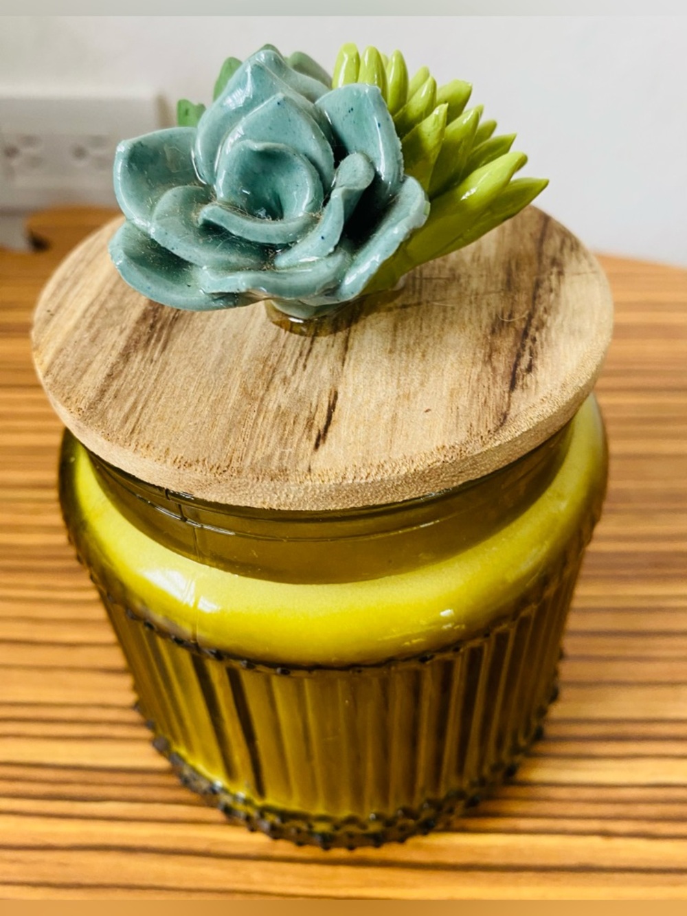 NWT Green Ceramic Succulent Lid Candle Jar - Home Accents